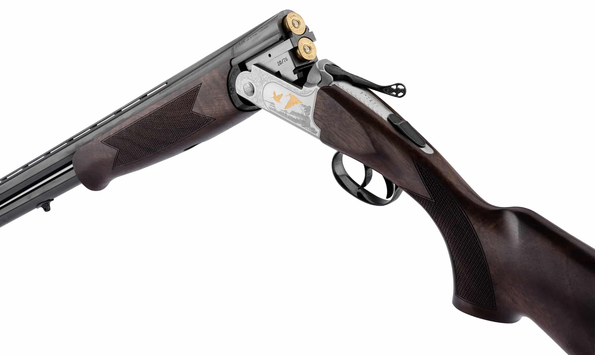 Fusil superposé F.A.I.R. 20/76 ouvert avec cartouches, gravures d'oiseaux dorées et crosse en noyer de luxe.
