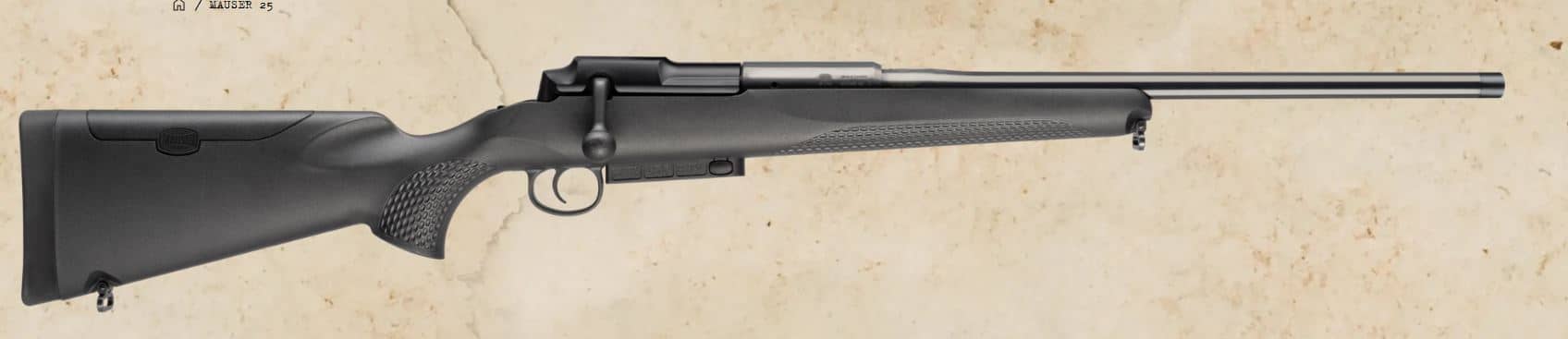 Carabine Mauser 25 à verrou, crosse synthétique noire texturée, logo Mauser et inscription Mauser 25.