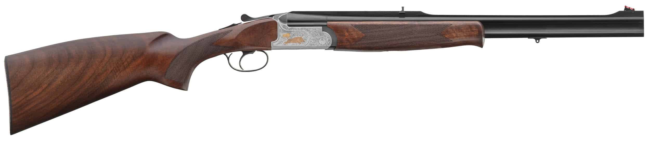 Carabine de chasse superposée, crosse noyer, gravure sanglier doré sur bascule argentée et visée fibre optique.